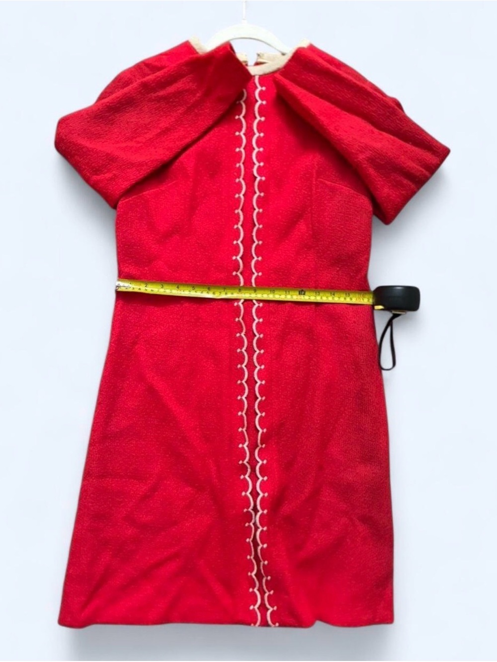 Vintage Red 100% Wool Scalloped Trim Retro Shift Dress Size 15 - Picture 5 of 7